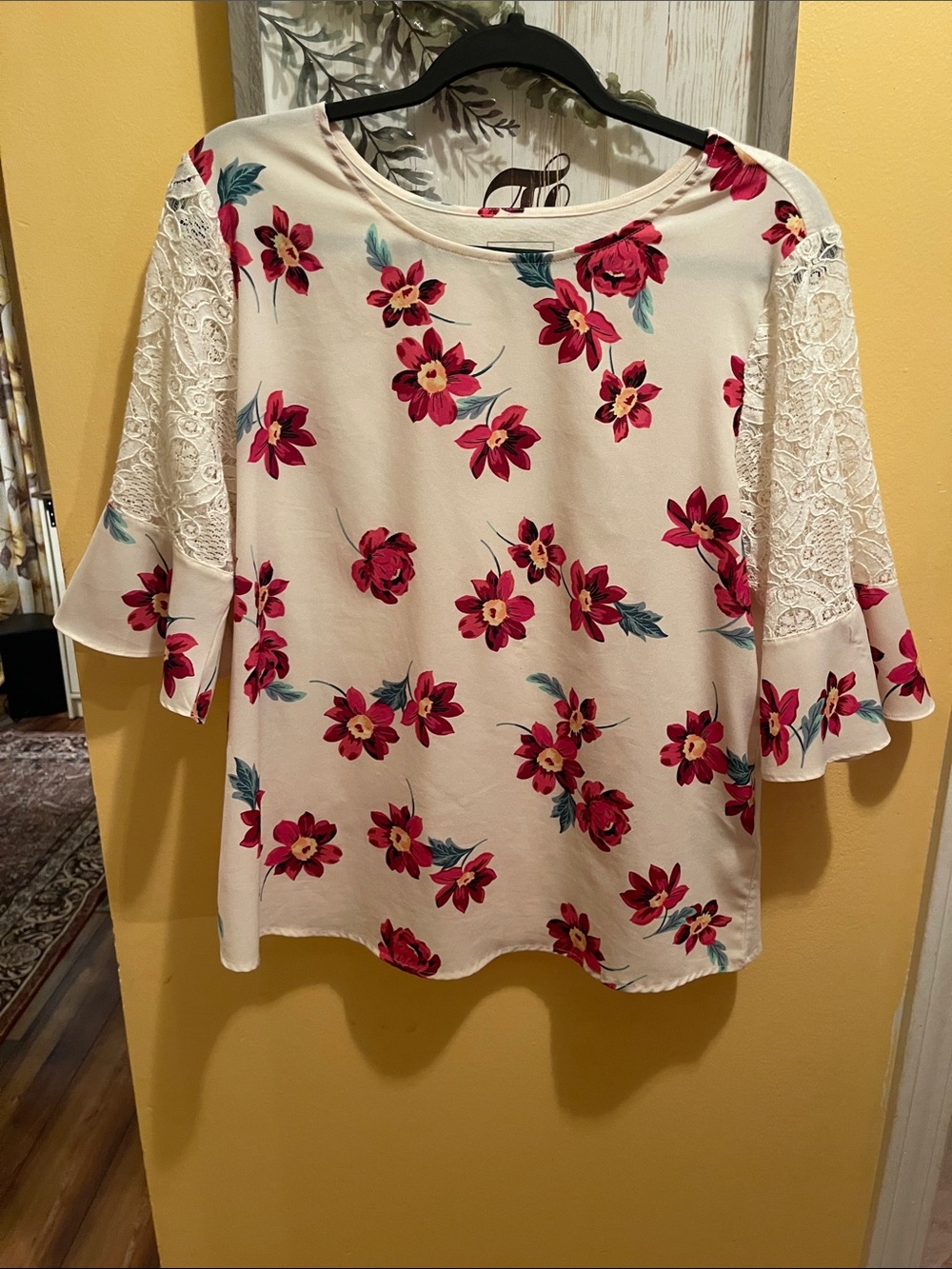 Van Heusen Cream Blouse with Berry Floral Print and Lace Bell Sleeves